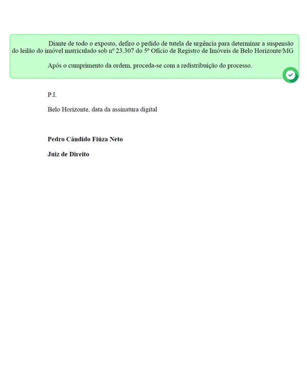 Decisão judicial deferindo o pedido de tutela de urgência para determinar a suspensão do leilão do imóvel.